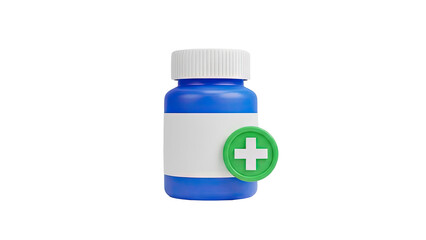 3D Render: Blue Pill Bottle with Green Plus Sign Icon