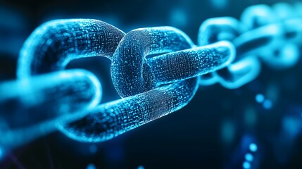 Abstract illustration of a digital chain with glowing blue links and bokeh