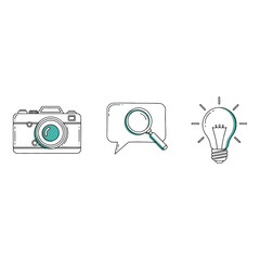 Camera magnifying glass and lightbulb icons representing investigation and creativity