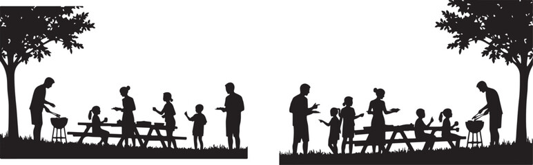 Family Picnic and BBQ Silhouettes Set. Outdoor Gathering Outline Illustration