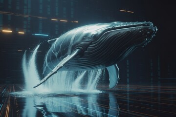 Majestic whale breaching with digital reflections and futuristic elements
