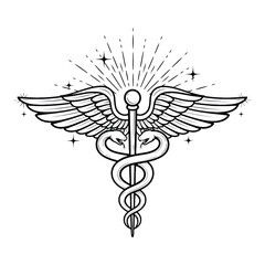 Black and white caduceus symbol featuring wings and entwined snakes