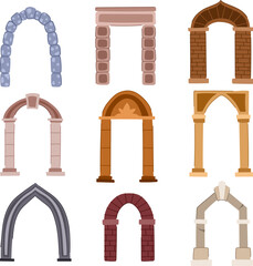 Naklejka premium Collection of diverse stone and brick arches and doorways in various architectural stylesrounded, pointed, ornate and simpleisolated on white for design, ui, game or historical use