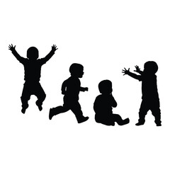 Silhouettes of children in various playful poses against a white background