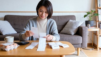 リビングでレシートを確認し家計管理する日本人女性