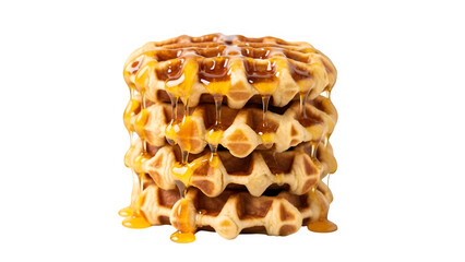 Stacked Belgian waffles topped with honey, isolated on white or transparent background. PNG
