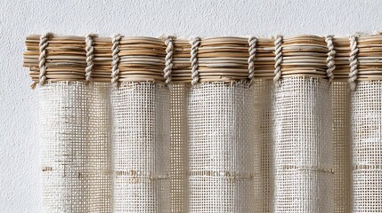 Closeup of a bamboo window blind with woven texture isolated on white background