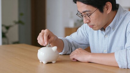 眼鏡をかけ真剣に豚の貯金箱へ硬貨を入れる日本人男性