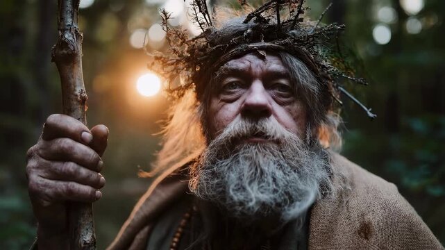 Cinematic portrait of an elderly druid with a crown of thorns in a forest. Senior hermit holding a wooden staff with sunset backlight. Ancient folklore concept