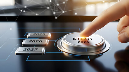 Finger pressing start button on futuristic interface with years 2025, 2026, 2027