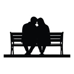 A silhouette of a couple embracing on a park bench at dusk