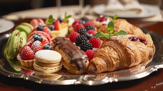 Fresh pastry assortment with croissant chocolate eclair fruit tartlet colorful macaron berry medley including strawberry raspberry blueberry elegant dessert for brunch afternoon tea celebration