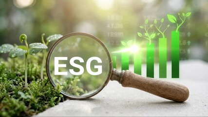 ESG text under magnifying glass with growing green plant graph. Sustainable finance concept with animated chart rising on moss. Environmental investment and corporate social responsibility analysis