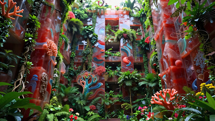 Vibrant red and yellow flowers and leaves bloom in a colorful garden park during the autumn season, showcasing a beautiful variety of nature and flora on a lush green plant or tree bush