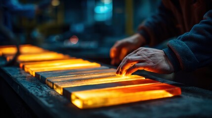 Technician performs manual inspection of ingot surface carefully examining for defects using tactile and visual assessment under workshop lighting.