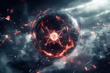 Vibrant celestial sphere with swirling cosmic elements in a dark space environment