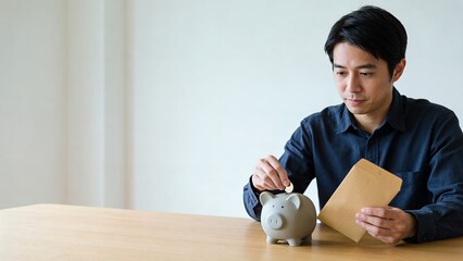 給料袋から出した硬貨を貯金箱へ入れる日本人男性