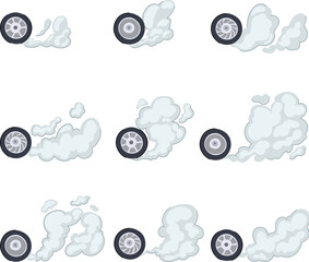 Car wheels creating various smoke trails, depicting speed, burnout, or drift effects, ideal for animation sprites, game assets, or motion graphics elements