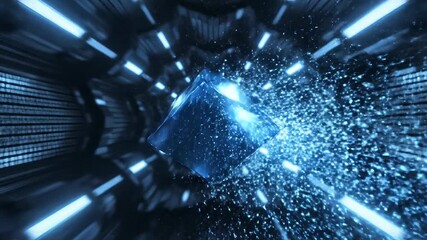 A mesmerizing abstract visualization of a glowing blue cube rapidly traversing a futuristic digital tunnel surrounded by shimmering particles and vibrant light streaks representing highspeed data tra. - Powered by Adobe
