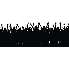 A large crowd of silhouetted people with arms raised in celebration