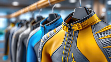 specialty store offering wide selection of full-size diving suits and wetsuits, sports shop interior, professional underwater equipment, retail shopping, summer adventure concept