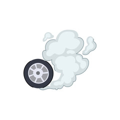 Vehicle wheel spinning fast, creating white smoke from frictional heat, illustrating concepts of speed, power, acceleration, and adrenaline in a graphic design style © PikePicture
