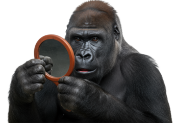 Adult silver-backed gorilla with dark fur intensely gazes at its reflection in an oval wooden mirror, mouth slightly agape, in a soft-lit white studio, concept of self-awareness and curiosity