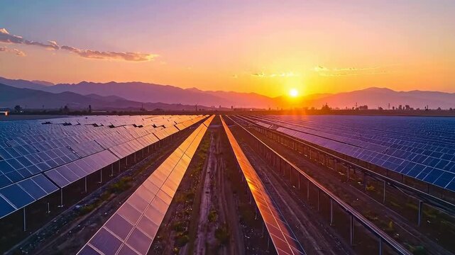 Solar Panel Array Field Under Sunset Sky with Mountain Background and Golden Hour