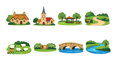 Charming countryside icons featuring church, sheep, bridge, and scenic pathway