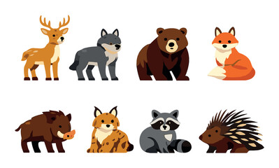 Fototapeta premium Cartoon forest animals: deer, wolf, bear, fox, boar, lynx, raccoon, porcupine