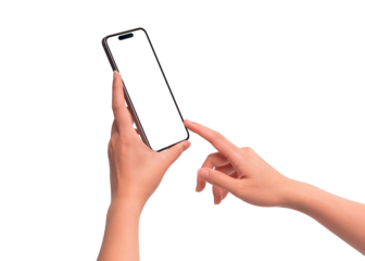 Hand using a modern smartphone with blank screen, isolated on transparent PNG. High quality studio shot. Concept for technology, business, finance, advertising, public relations and lifestyle themes.