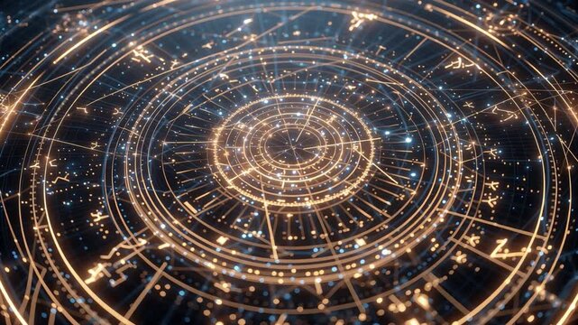 Cosmic Circles of Light: An abstract illustration of intricate, glowing golden circles against a deep, dark backdrop. The composition evokes a sense of infinite, complex systems and technology.