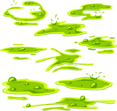 Green cartoon puddles of sticky ooze splashing and dripping, featuring bright bubbly slime or liquid chemical waste spreading on a white background, representing pollution or danger
