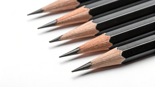 Closeup of five sharpened black graphite pencils arranged diagonally on a white surface