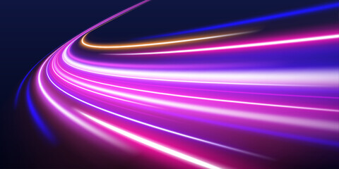 Neon streams twist across a dark city skyline, glowing with electric energy. Sparks and trails emphasize speed. Perfect for futuristic tech visuals.