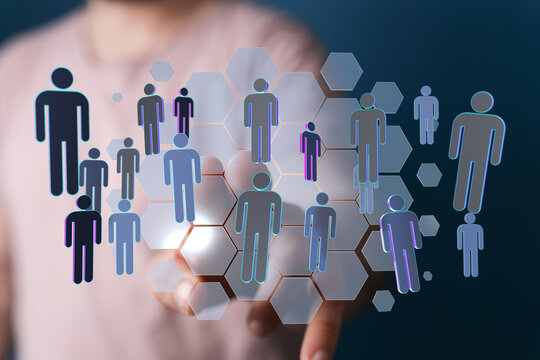 Abstract concept of a network. Person touches digital interface connected to people symbols. Business, teamwork - Powered by Adobe