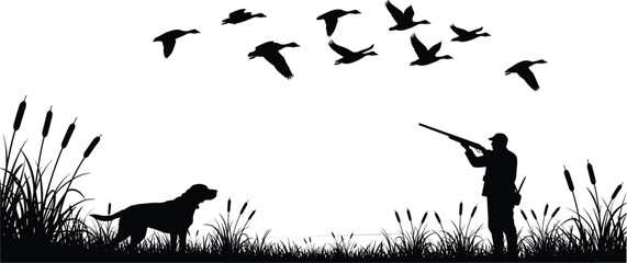 Silhouette hunting scene with hunter, dog, flying birds, marsh wetland grass, outdoor wildlife illustration, shotgun aim, bird hunting nature background © Creatives Sakib