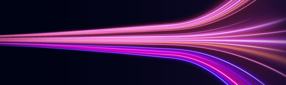 Vibrant light trails curve along a digital grid, showing dynamic motion. Sparks highlight the path. Ideal for sci-fi and tech backgrounds.