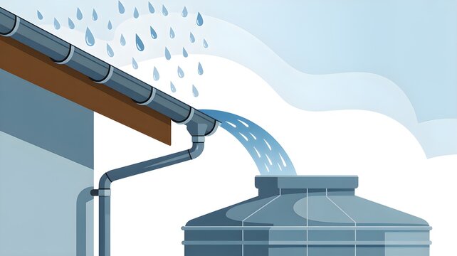 Gutter channeling roof runoff into storage tank illustrating rainwater harvesting system and water conservation concept.