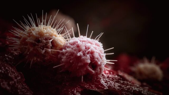 Microscopic 3D rendering of cancer cells or viruses on organic tissue. Detailed biological structure of a tumor or pathogen. Medical science and oncology concept