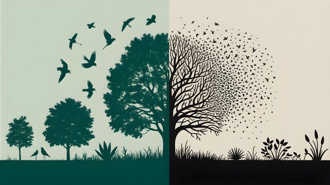 Half-healthy half-degraded landscape with tree, bird, shrub and barren side symbolizing biodiversity loss and ecosystem collapse.