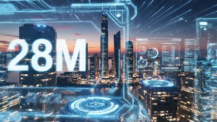Futuristic cityscape with digital overlay and statistics at dusk approximately one ten - Powered by Adobe