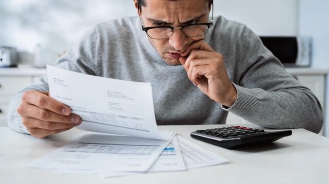 Stressed man looking at a high bill with a calculator on the table. Worried person dealing with financial debt and anxiety in a home kitchen. Inflation and economic crisis concept