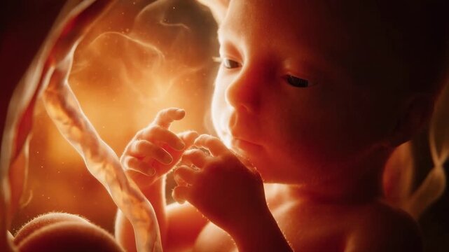 Realistic 3D animation of a human fetus floating in the womb. Unborn baby moving hands near face with umbilical cord visible. Medical visualization of prenatal development and pregnancy