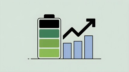 Green battery icon beside an upward-trending bar chart representing growth in the battery market and demand for energy storage.