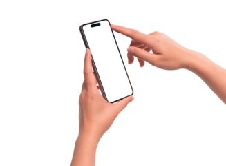 Hand using a modern smartphone with blank screen, isolated on transparent PNG. High quality studio shot. Concept for technology, business, finance, advertising, public relations and lifestyle themes.