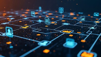 Futuristic network diagram with glowing blue and orange on dark background