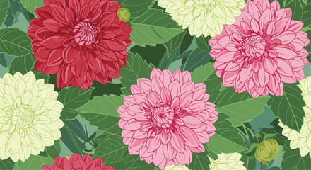 Vibrant seamless pattern featuring lush dahlia flowers in striking shades of red, pink, and creamy yellow, intertwined with verdant green leaves.