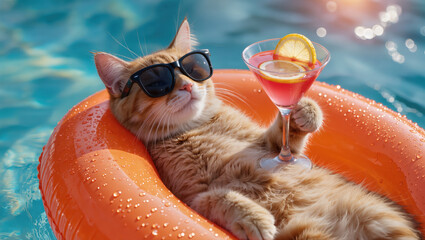 Funny cat in sunglasses relaxing on orange pool float with cocktail in paw. Summer vacation and chill lifestyle humorous concept