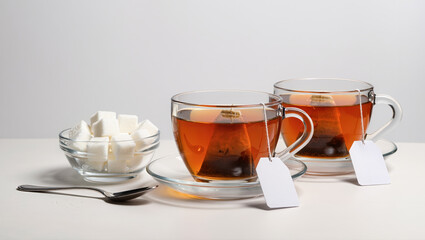 Two glass cups of black tea with tea bags, sugar cubes in a bowl and a spoon on white background, isolated tea setup concept
